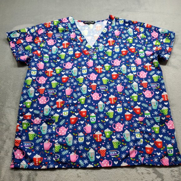 Cassandra O V-Neck Scrub Top Winter Hot Beverages Theme Blue 2 Pockets Wm Sz 2X - Picture 1 of 10